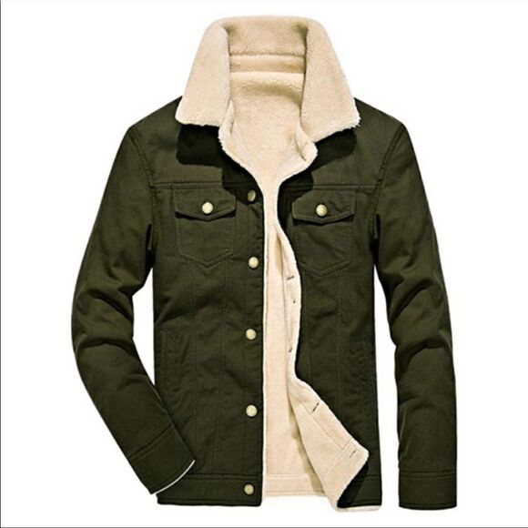 Men’s Vintage Army Green Sherpa Fleece Lined Denim Jacket - Picture 1 of 9